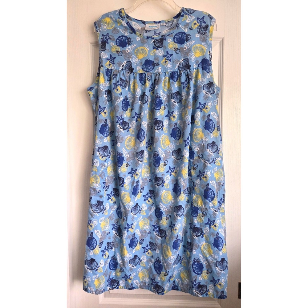 National Blue Seashell Starfish Sleeveless House Dress Muumuu Sz 1X